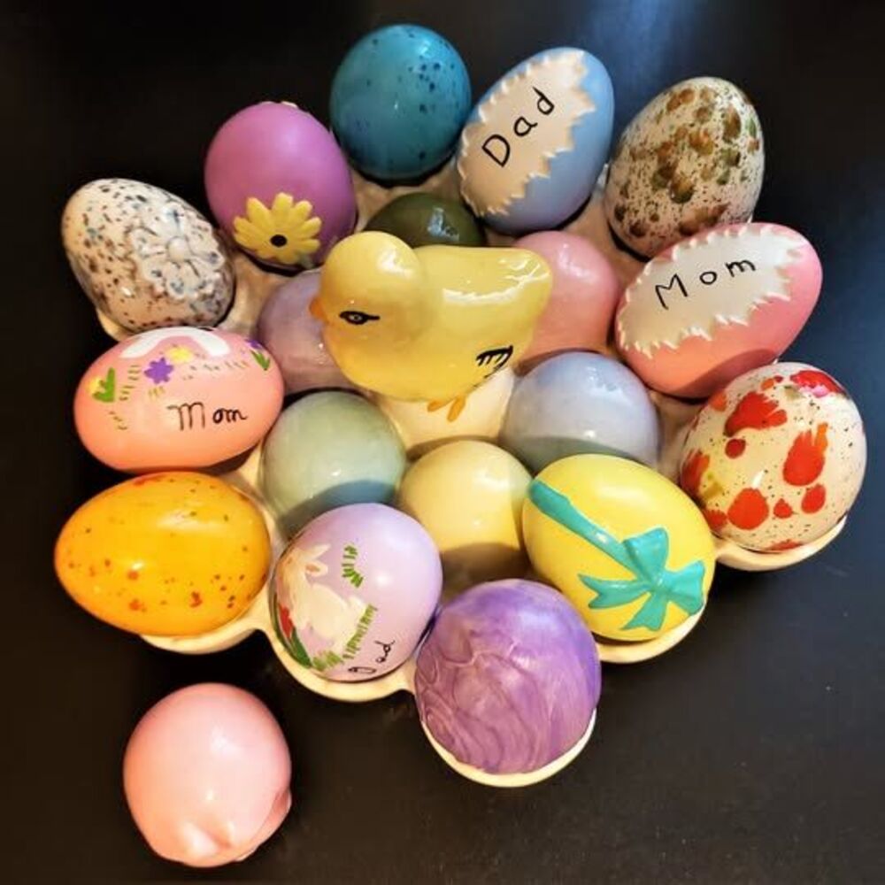 EASTER COLLECTIBLE Egg Plate with 13 Glass and porcelain eggs. Gift Eggs galore!